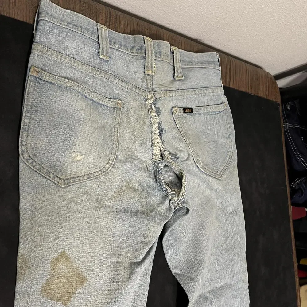 Vintage Lee Jeans Zombie Distress Mens 32x29 Denim Flare 60s Thrashed USA 1970s